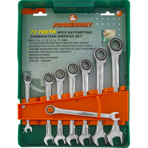 Купить JONNESWAY W45308S Набор ключей комбинированных трещоточных 8-19 мм, 8 предметов, W45308S JONNESWAY
