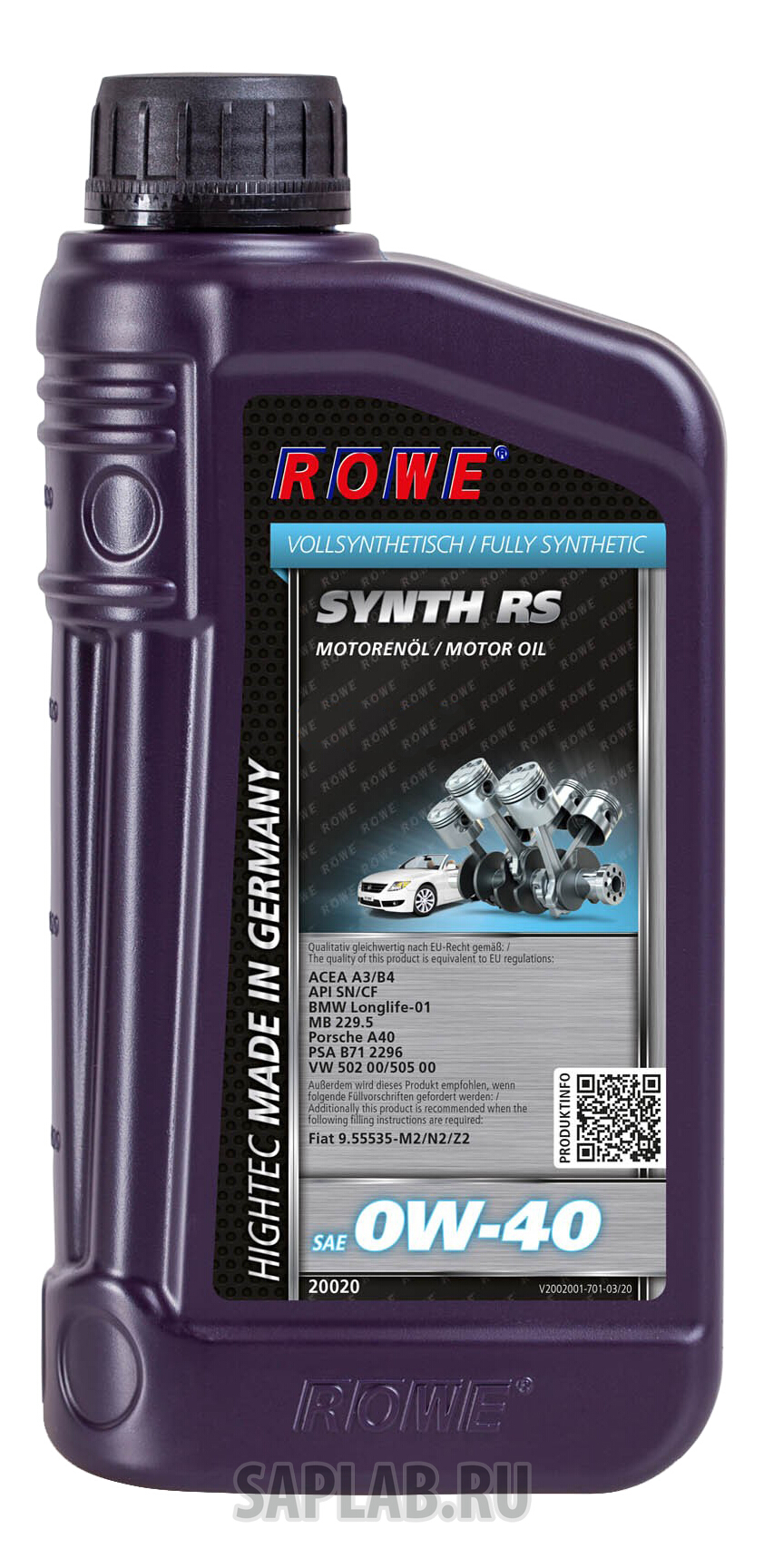 Купить ROWE 2002017303 Моторное масло Rowe Hightec Synt RS SAE 0W-40 1л